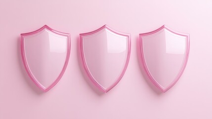 Fototapete - A trio of glossy pink shields on a soft pastel canvas, representing privacy and secure browsing.