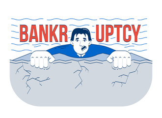 Poster - Bankruptcy problem doodle illustration concept. Business project failure. Scared korean businessman falling from cliff into water cartoon 2D character isolated on white. Hand drawn vector drawing