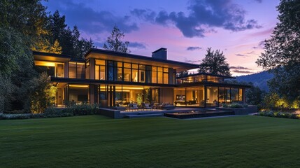 Poster - Modern house illuminated at dusk, surrounded by trees and a lawn.