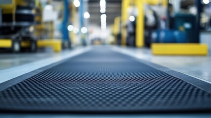Poster - Empty conveyor belt moving through an industrial warehouse or factory with blurred background machinery and equipment, representing manufacturing, automation, and logistics