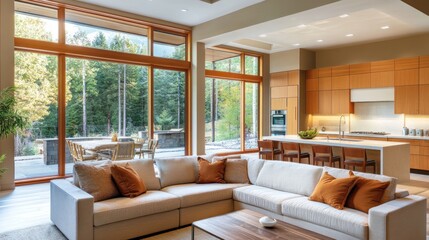 Aufkleber - Modern living room with large windows, blending indoor and outdoor spaces.