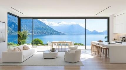 Poster - Modern living space with a stunning lake view and mountains in the background.