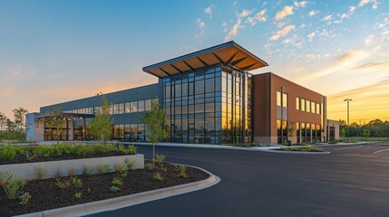 Poster - Modern office building with large glass windows and a landscaped parking area at sunset.
