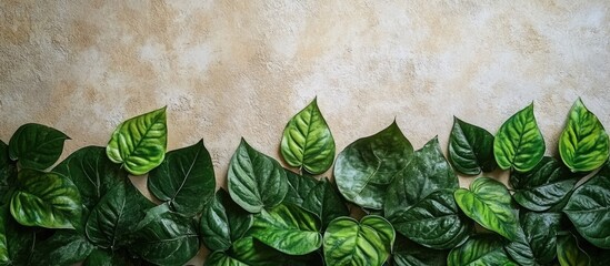 Poster - betel leaves in vibrant green hues arranged elegantly along a textured light beige wall, creating am