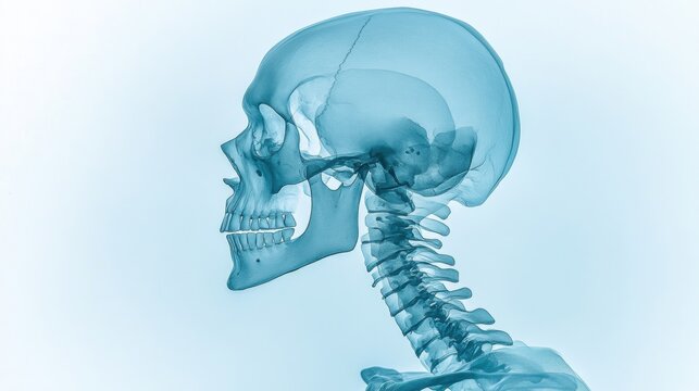 Blue Hues  Profile View of a Human Skull and Cervical Spine