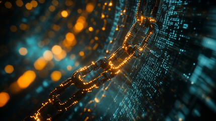Leinwandbilder - Digital chain connection illuminated with colorful lights in a futuristic setting