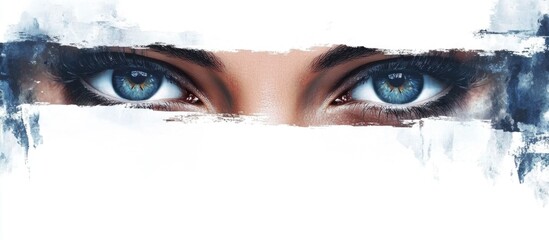 Poster - blue-eyed woman's gaze with artistic brushstroke effect and ample white space for text, suitable for