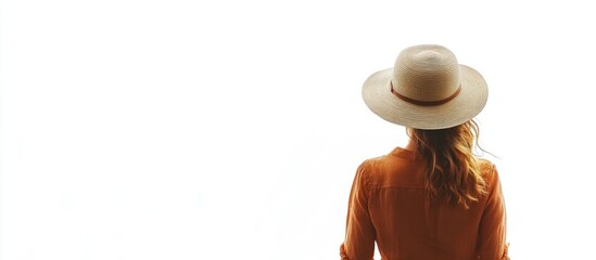 Poster - woman with long hair wearing a beige panama hat against a white background conveying tranquility and