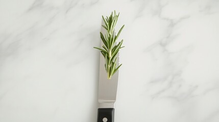 Fresh Green Rosemary Sprig on Stainless Steel Kitchen Knife on Marble Background