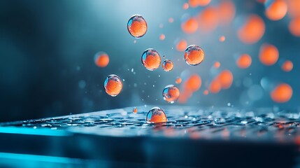 Vibrant Orange Water Droplets Falling on Blue Surface