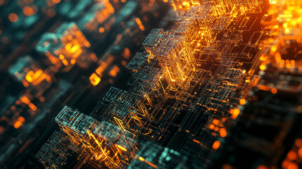 Leinwandbilder - Futuristic cityscape with glowing circuitry and intricate designs at night