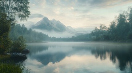Poster - Serene landscape featuring misty mountains reflecting in a calm lake at dawn.