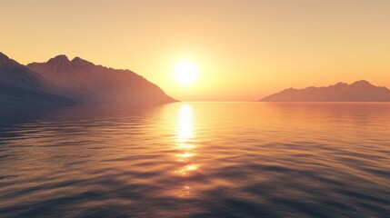 Aufkleber - Serene sunset over calm waters with mountains in the background.