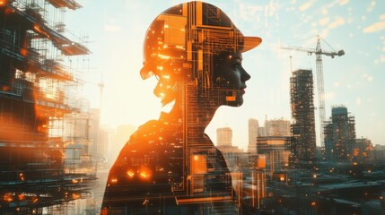 Aufkleber - Silhouette of a construction worker with digital overlay, symbolizing innovation in industry.
