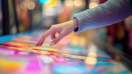Poster - woman interacting with a large interactive touchscreen display, exploring colorful visuals in a vibr
