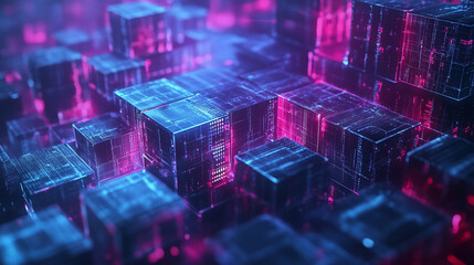 Leinwandbilder - Digital cubes creating a futuristic landscape with vibrant colors and glowing patterns