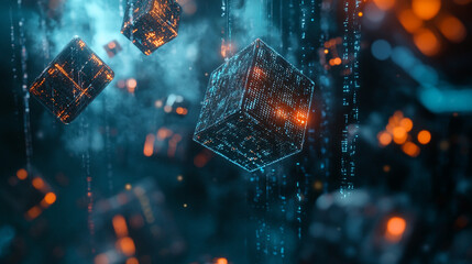Leinwandbilder - Visual representation of digital data transmission with floating cubes in a futuristic environment