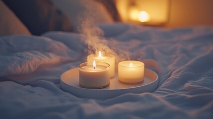Aufkleber - Three lit candles on a tray, creating a cozy atmosphere in a softly lit bedroom.