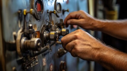 Poster - Close up of a factory worker's hands skillfully operating and adjusting complex machinery, highlighting the precision and expertise involved in industrial manufacturing processes
