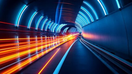 Fototapete - Dynamic Motion in Futuristic Tunnel Blue and Orange Neon Lights Illuminate Speed and Energy with Vibrant Trails and Captivating Visuals.
