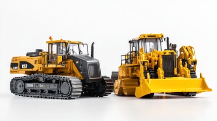 Poster - Two model construction vehicles displayed side by side on a white background.