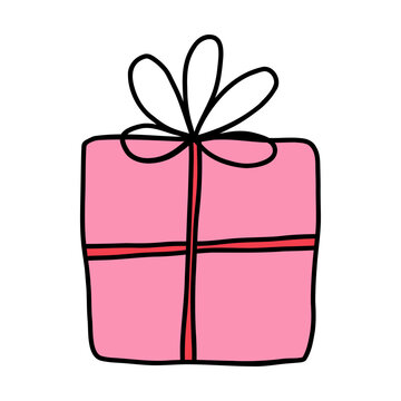 Gift box in doodle style. Cute hand drawn gift box, perfect for celebrating birthdays, special occasions. Ideal gift box design for birthday parties, joyful surprises, Valentine's day and Christmas 