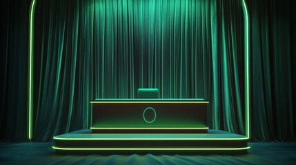 Poster - Neon-lit podium with bold green hues, set against deep, flowing curtains, creating a striking and upscale ambiance.