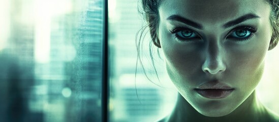 Poster - portrait of mysterious female with intense expression against blurred green urban background featuri