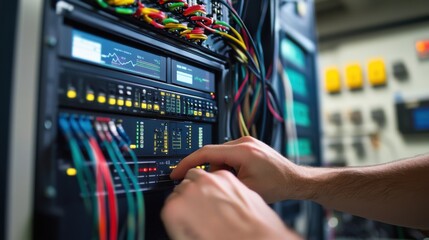 Aufkleber - close up of hands adjusting server parameters, emphasizing the precision and complexity of maintaini