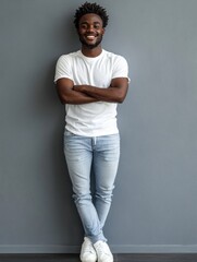 Wall Mural - Smiling African man in casual white t-shirt and light blue jeans standing against gray wall with empty space for text in modern indoor setting