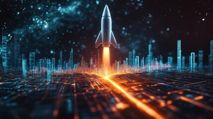 Poster - rocket ascending amid glowing lines of financial progress, symbolizing innovation and wealth creatio