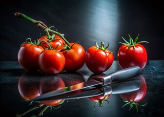 Wall Mural - Long Exposure Photography of Tomatoes and Knife on Black Granite