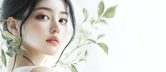 Wall Mural - Natural skin care concept featuring a young Asian woman with soft features and delicate greenery against a bright pastel background, large empty space for text.