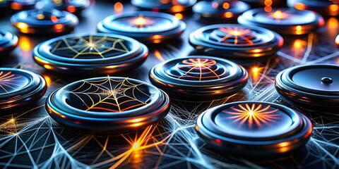 Long Exposure Photo of Black Web Design Buttons, Glowing Light Trails, Abstract Technology Background