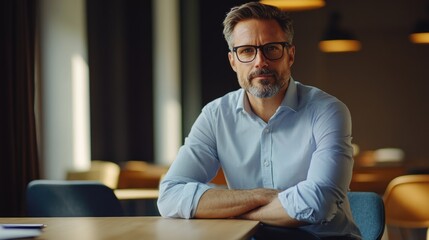 Poster - Businessman in a modern meeting room with wooden tables and soft lighting, showcasing a professional look and large empty copyspace for text