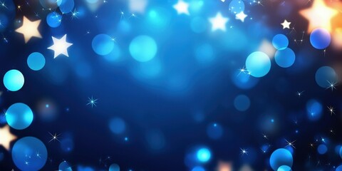 Poster - Lighting romantic and peaceful serene. Sparkling blue bokeh background with stars for festive and celebratory themes.