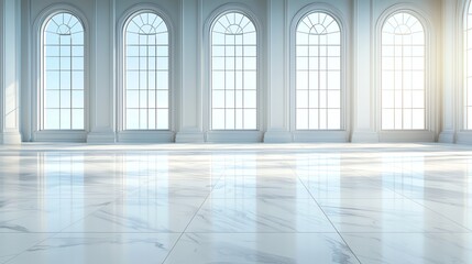 Poster - A bright and spacious interior with large arched windows allowing natural light to fill the room, showcasing the elegance of marble flooring and clean design for modern aesthetics.