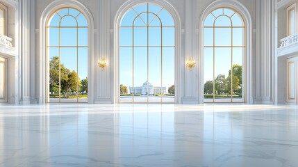 Poster - A spacious, well-lit interior showcasing elegant architecture. Large windows allow natural light to stream in, creating an inviting atmosphere with a serene view of the outdoors.
