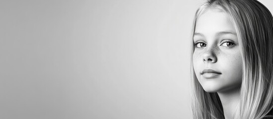 Poster - Black and white portrait of a young blonde woman on a gray background with ample negative space for text and design elements