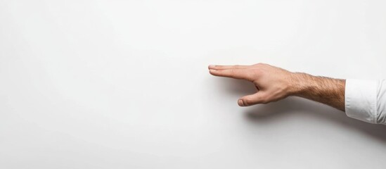 Poster - Businessman's Hand Reaching Forward on Clean White Background with Generous Copyspace for Text and Professional Presentation Elements