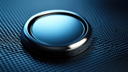 Poster - polished metallic button on textured blue surface symbolizing web security with ample empty space fo
