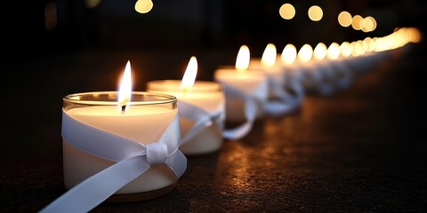 Poster - Lighting romantic and peaceful serene. A row of lit candles with white ribbons creating a warm, serene atmosphere.
