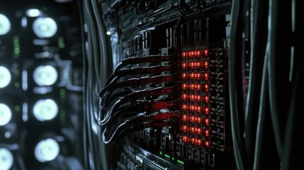Poster - Numerous cables are connecting a server rack with blinking red lights in a dark data center, creating an atmosphere of intense technological activity
