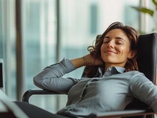 Poster - smiling businesswoman in modern office chair, relaxed pose with large empty copyspace for text, brig