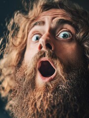 Surprised shaggy man with long curly hair and thick beard in barbershop with open mouth and wide eyes against dark background for text space.