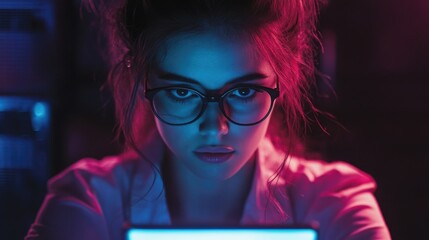 Poster - Engineer woman with glasses using tablet in illuminated server room at night with blue and pink lighting for cybersecurity maintenance and database management.