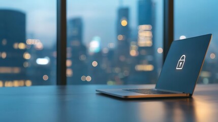Poster - Modern Laptop with Lock Icon Against Cityscape Background at Dusk