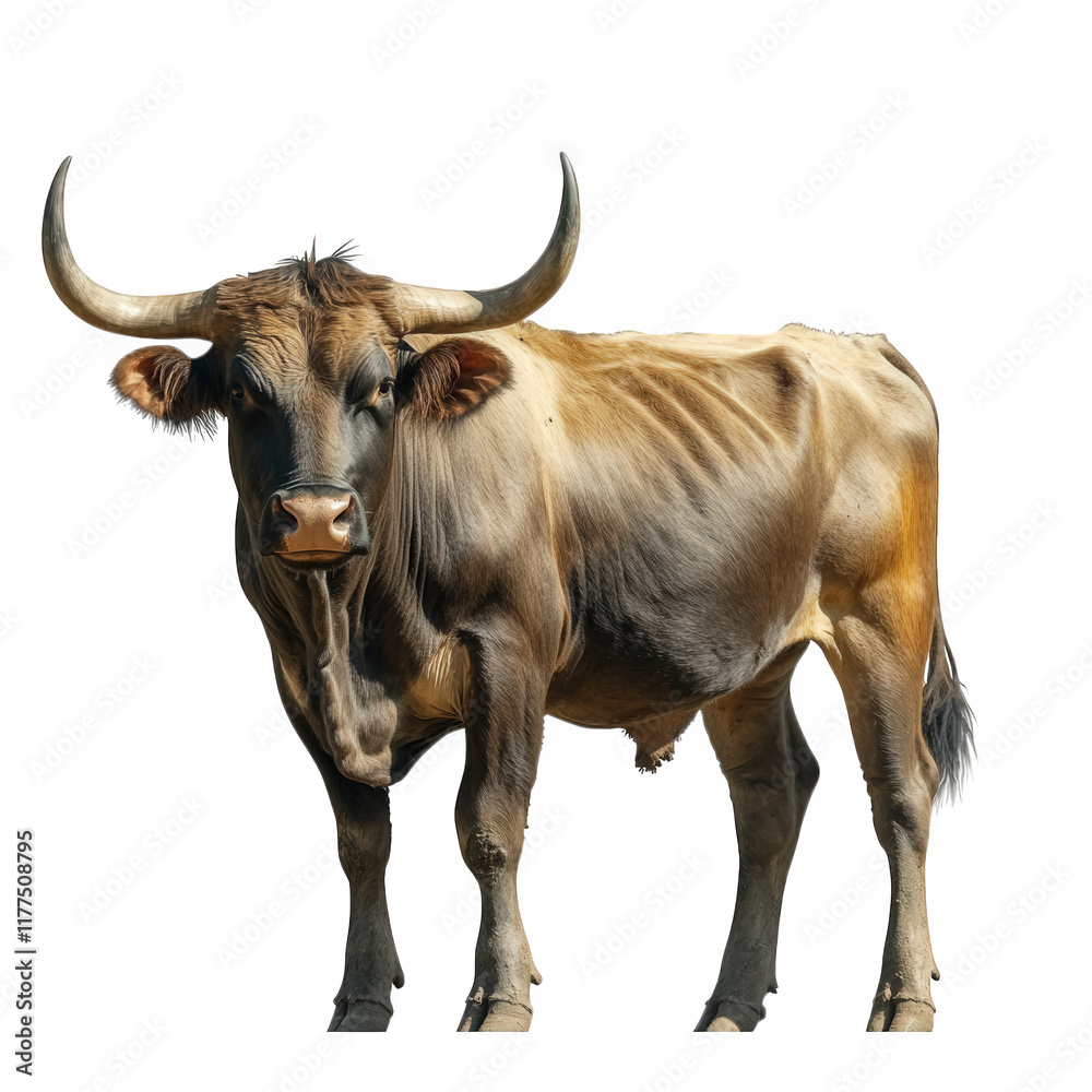 standing cow with prominent horns. showcasing its muscular build and ...