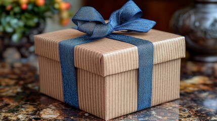 A neatly wrapped gift box with a blue ribbon sits on a marble surface.