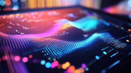 Aufkleber - Glowing particles flowing and forming a dynamic wave pattern on a digital screen, visualizing complex manufacturing processes and highlighting advanced technology in industrial production